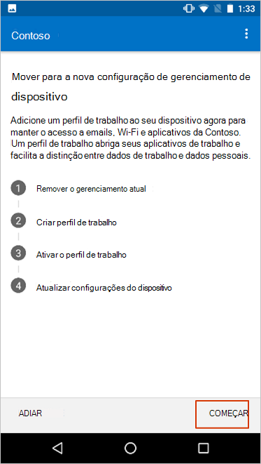 O ecrã Mover para a nova configuração de gestão de dispositivos, realçando o botão iniciar.