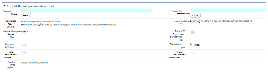 Resultados devolvidos pela secção API na instância do Salesforce depois de o administrador ter submetido todas as configurações necessárias. A Chave de Consumidor está na parte superior da coluna esquerda e o Segredo do Consumidor está na parte superior da coluna direita.