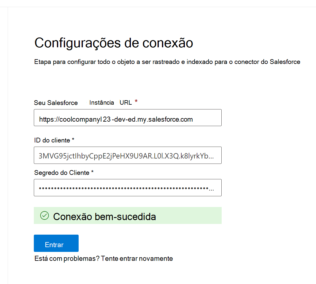 Captura de ecrã a mostrar o início de sessão com êxito. A faixa verde que diz 