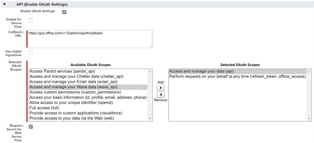 Secção API na instância do Salesforce depois de o administrador ter introduzido todas as configurações necessárias listadas acima.