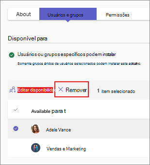 Captura de ecrã a mostrar como remover a disponibilidade existente de uma aplicação da página de detalhes da aplicação.