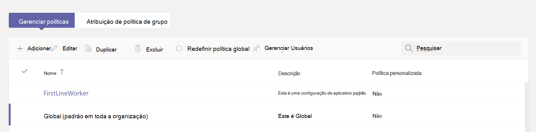 Captura de ecrã a mostrar a página de políticas de configuração de aplicações com opções para gerir políticas ou adicionar novas políticas.