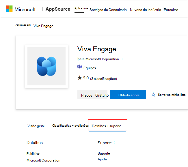 Captura de ecrã que mostra a ligação de ajuda e suporte para uma aplicação do Teams no AppSource.