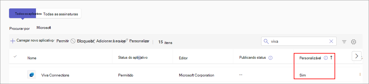 Captura de ecrã a mostrar que a coluna personalizável no centro de administração o ajuda a verificar se uma aplicação é personalizável ou não.