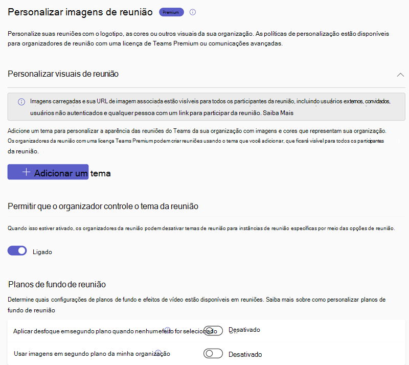 Captura de ecrã a mostrar as políticas de personalização de reuniões do Teams no centro de administração do Teams.