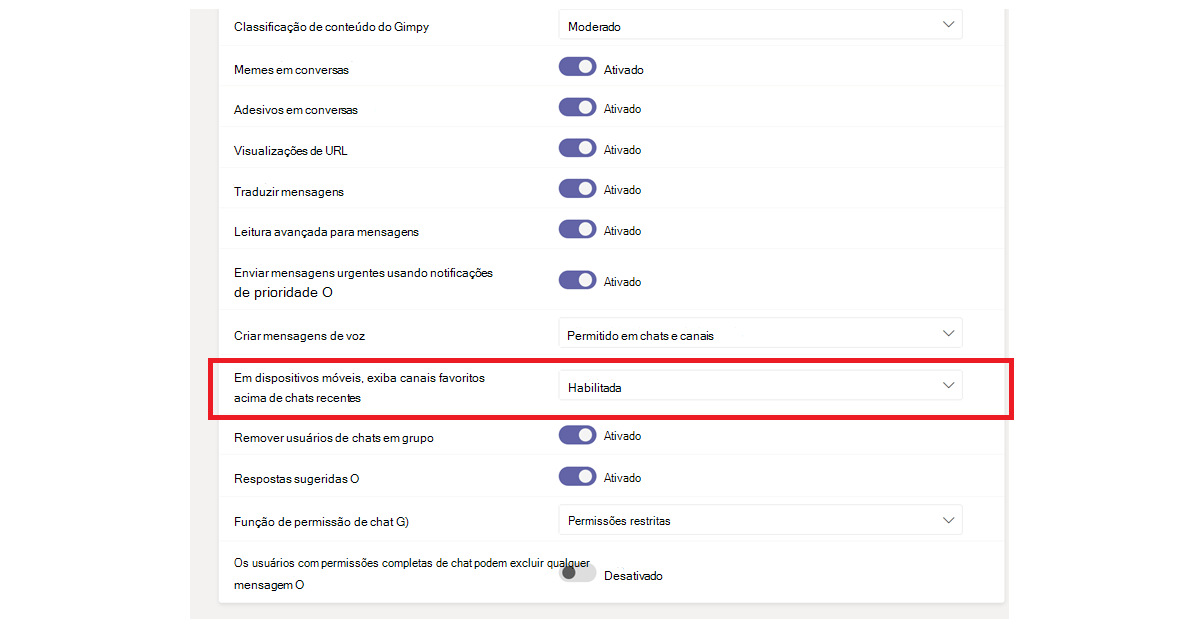 Captura de tela que mostra a configuração para exibir a configuração de canais favoritos no centro de administração habilitado.