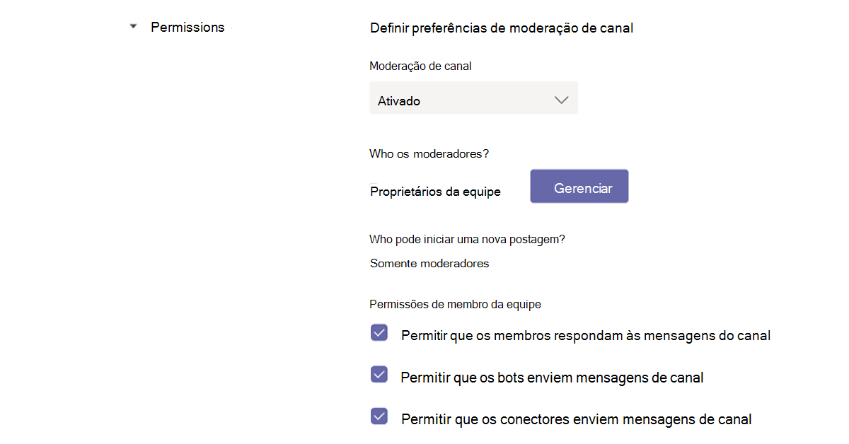 Captura de tela que mostra a página na qual você pode definir as preferências para Moderação do Canal do Teams.