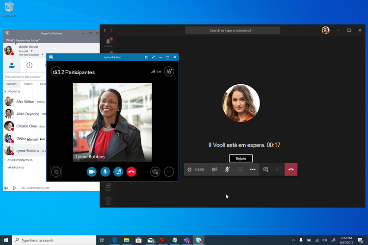 Captura de ecrã a mostrar o melhor cenário de ecrã de suspensão em conjunto com o Teams e Skype for Business.