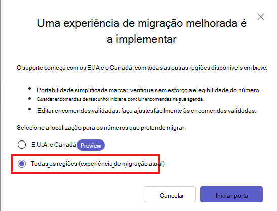 Captura de ecrã a mostrar o assistente de porta de números do centro de administração do Teams para todas as regiões.