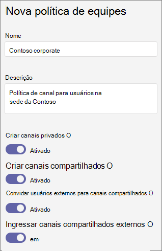 Captura de tela das configurações de política do teams.