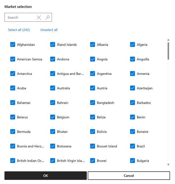 Captura de ecrã a mostrar a lista de países ou regiões disponíveis no Centro de Parceiros da Microsoft.