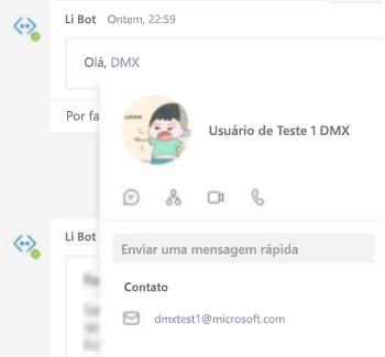 Captura de ecrã a mostrar um utilizador menção no bot com Cartão Ajustável.