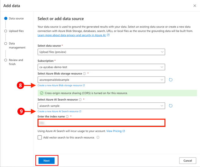 Captura de ecrã a mostrar como criar uma origem de dados no portal do Azure.