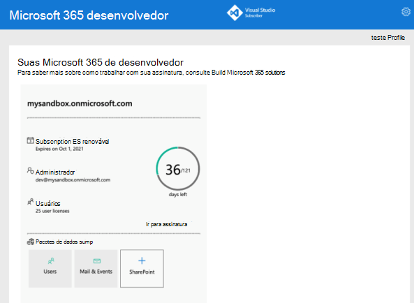 Captura de ecrã do Programa de Programador do Microsoft 365 a apresentar as suas subscrições de programador do Microsoft 365 para a aplicação blazor.