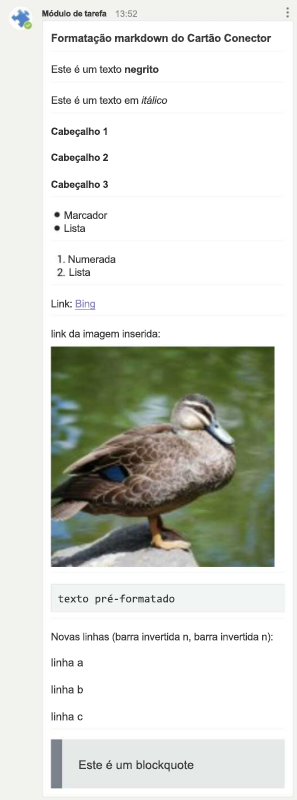 Captura de ecrã a mostrar a formatação de Markdown para cartões de conector no cliente Android do Teams.
