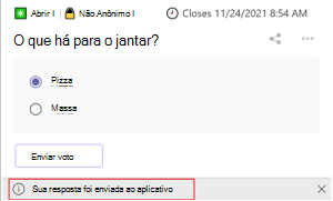 Captura de ecrã a mostrar uma mensagem de êxito num Cartão Ajustável.