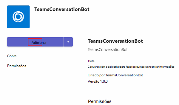 Captura de ecrã da instalação do TeamsConversationBot com a opção Adicionar realçada.