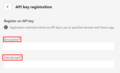 Captura de ecrã a mostrar as opções Descrição e Adicionar domínio na página de registo da chave de API no Portal do Programador do Teams.