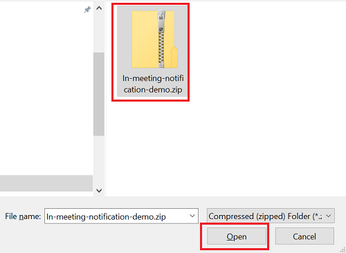 Captura de ecrã a mostrar a pasta de manifesto com o ficheiro zip de demonstração de notificação na reunião e a opção Abrir realçada a vermelho.