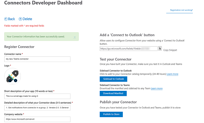 Captura de ecrã do Dashboard do Programador de Conectores a mostrar os detalhes do novo conector registado com êxito.