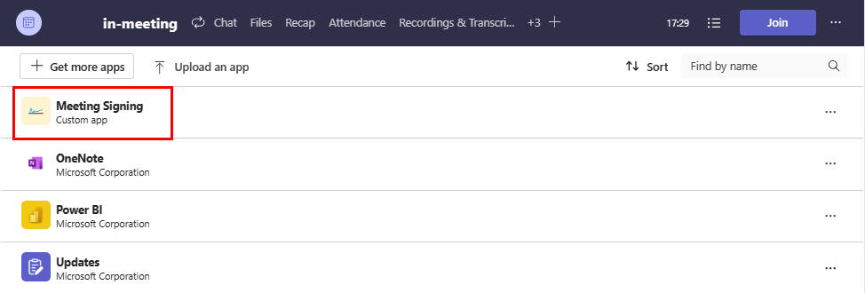 Captura de ecrã a mostrar a aplicação adicionada à reunião.