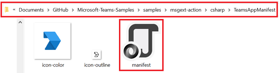 Captura de ecrã da pasta Manifesto de Aplicação do Teams com o caminho do ficheiro e o ficheiro de manifesto realçados a vermelho.