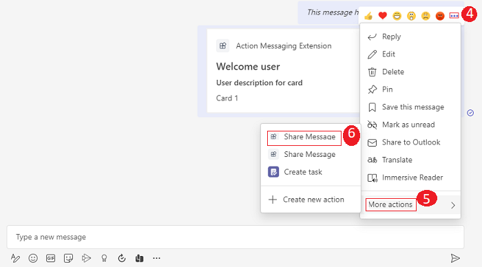 Captura de ecrã a mostrar o menu de capacidade excedida da mensagem. As ações Partilhar Mensagem e Mais estão realçadas a vermelho.