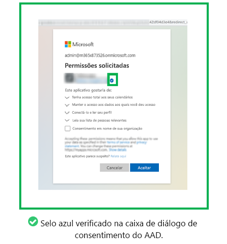 Gráfico a mostrar um exemplo de um distintivo azul verificado na caixa de diálogo de consentimento do Microsoft Entra.