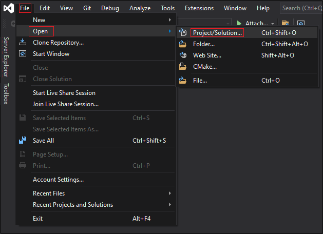 Captura de ecrã do menu de ficheiros do Visual Studio. As entradas de menu intituladas Abrir no menu Ficheiro e Projeto/Solução em Abrir estão realçadas a vermelho.