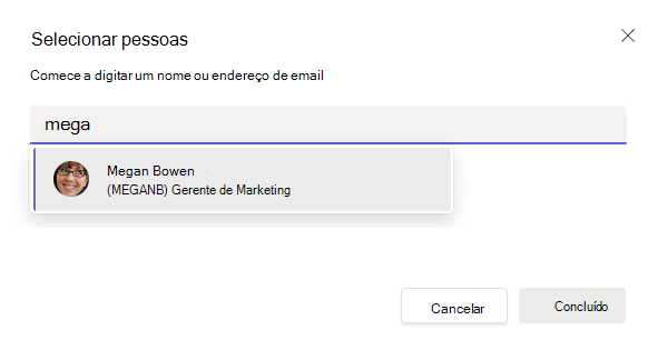 Captura de ecrã a mostrar o Seletor de Pessoas pelo nome no ambiente de trabalho.