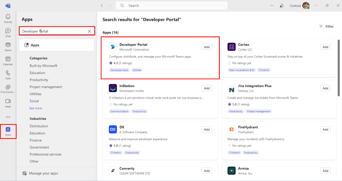 Captura de ecrã a mostrar como adicionar aplicações do Portal do Programador no cliente do Teams.
