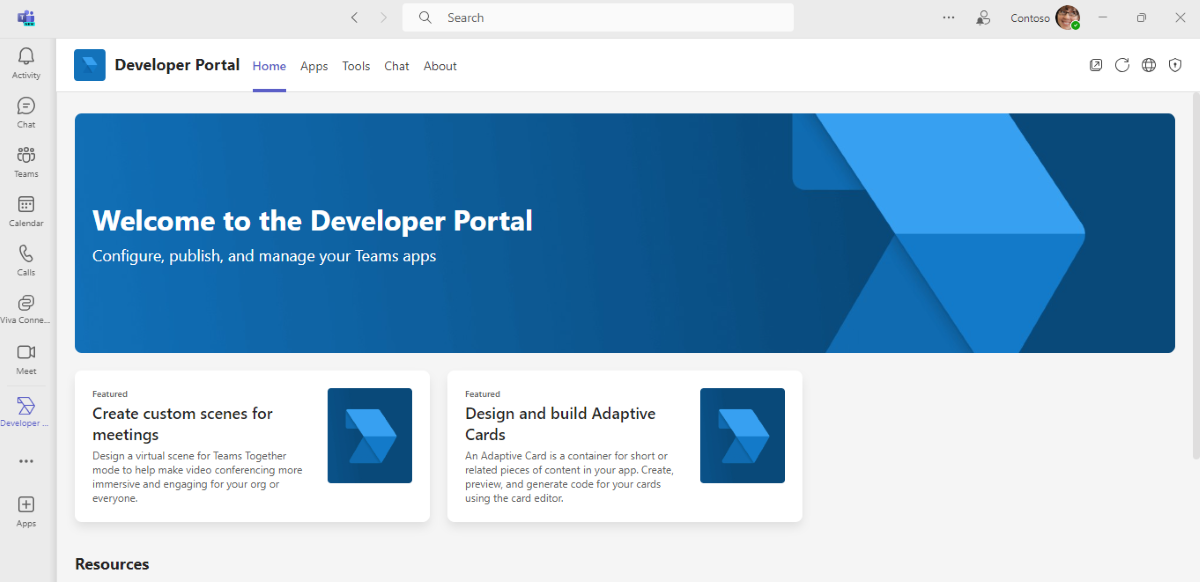 Captura de ecrã a mostrar a home page das aplicações do Portal do Programador no cliente do Teams.