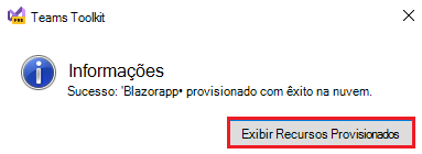 Captura de ecrã a mostrar a opção para selecionar ver recursos aprovisionados na caixa de diálogo Informações do Teams Toolkit.