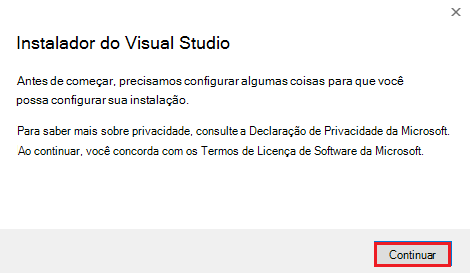 Captura de ecrã a mostrar Visual Studio Installer com a opção Continuar realçada a vermelho.