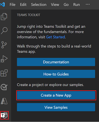 Captura de ecrã a mostrar a opção para criar uma nova aplicação a partir da barra lateral do Teams Toolkit.