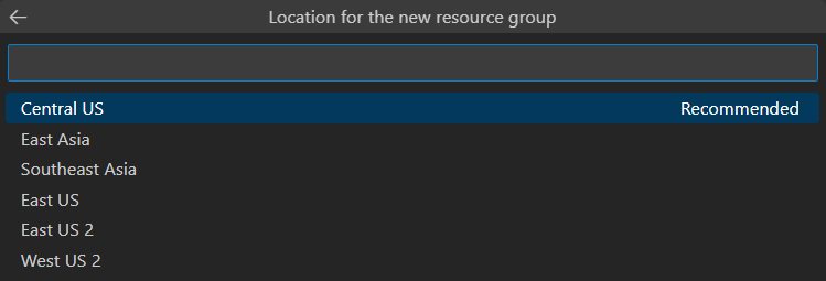 Captura de ecrã a mostrar as opções para a localização do novo grupo de recursos do Azure.