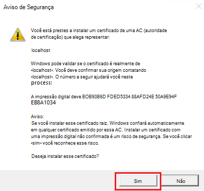 Captura de ecrã a mostrar a opção para selecionar sim para um aviso de segurança solicitado.