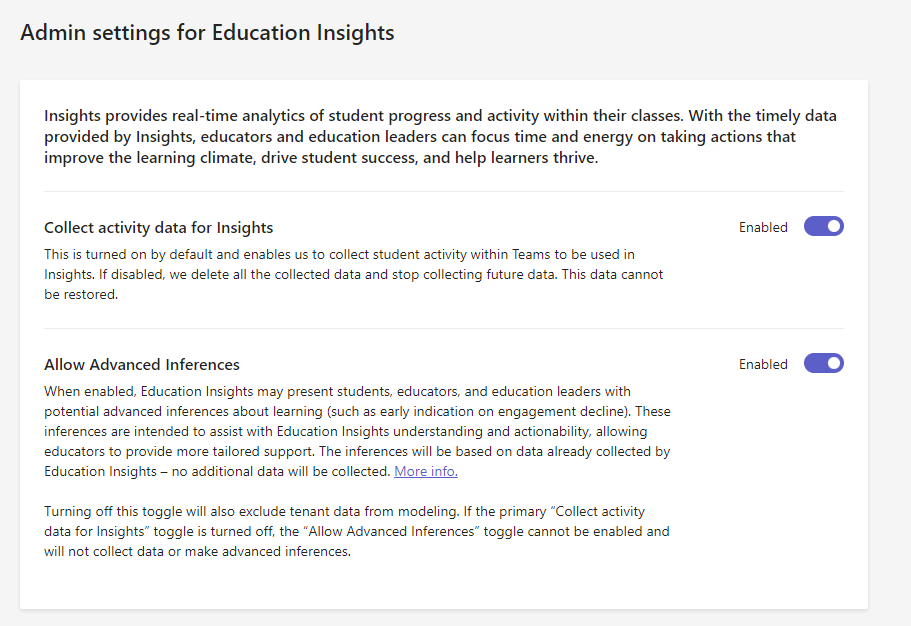 Captura de ecrã a mostrar os botões de alternar do cliente do Teams para desativar e ativar o Insights.