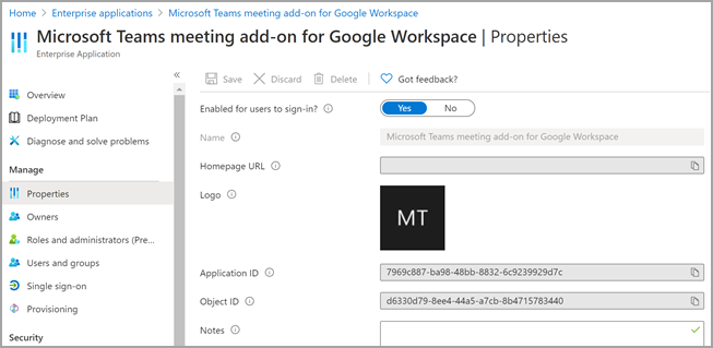 portal do Azure a mostrar as propriedades da área de trabalho google.