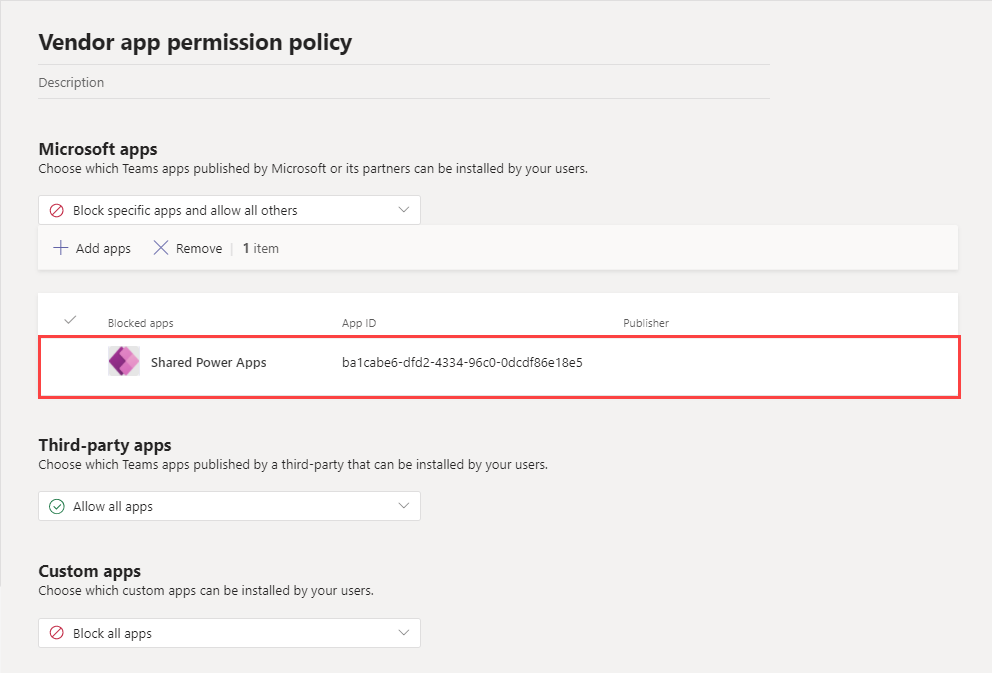 Captura de ecrã a mostrar uma política personalizada de exemplo para permissões de aplicações com o Power Apps Partilhado bloqueado.