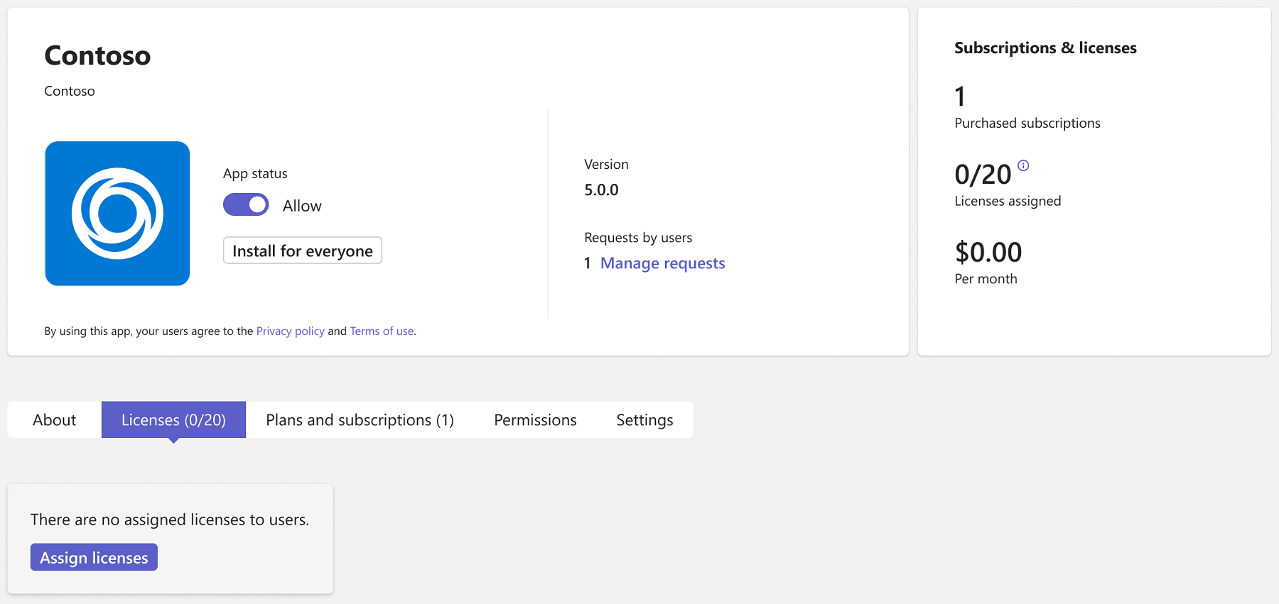 Captura de ecrã que mostra as licenças compradas de uma aplicação.