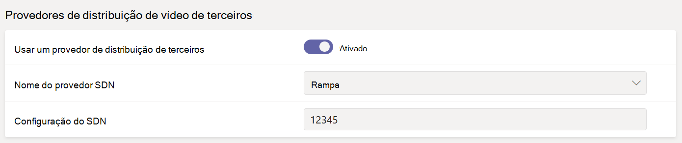 Definições do fornecedor de distribuição de vídeo de terceiros no centro de administração.