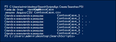 Resultado de exemplo da execução do script para criar múltiplas pesquisas de conformidade.