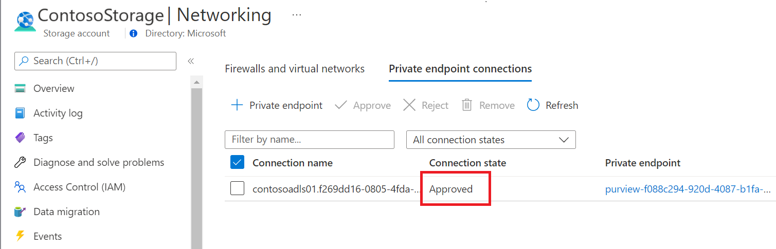 Captura de ecrã que mostra o ponto final privado aprovado para origens de dados no portal do Azure