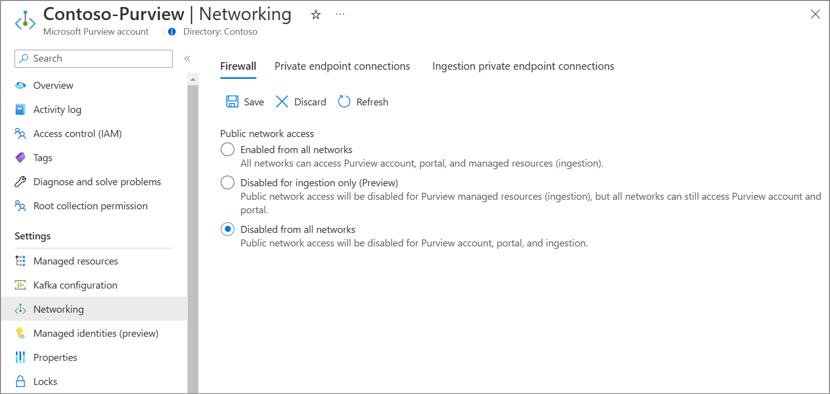 Captura de ecrã que mostra as definições da firewall de pontos finais privados.