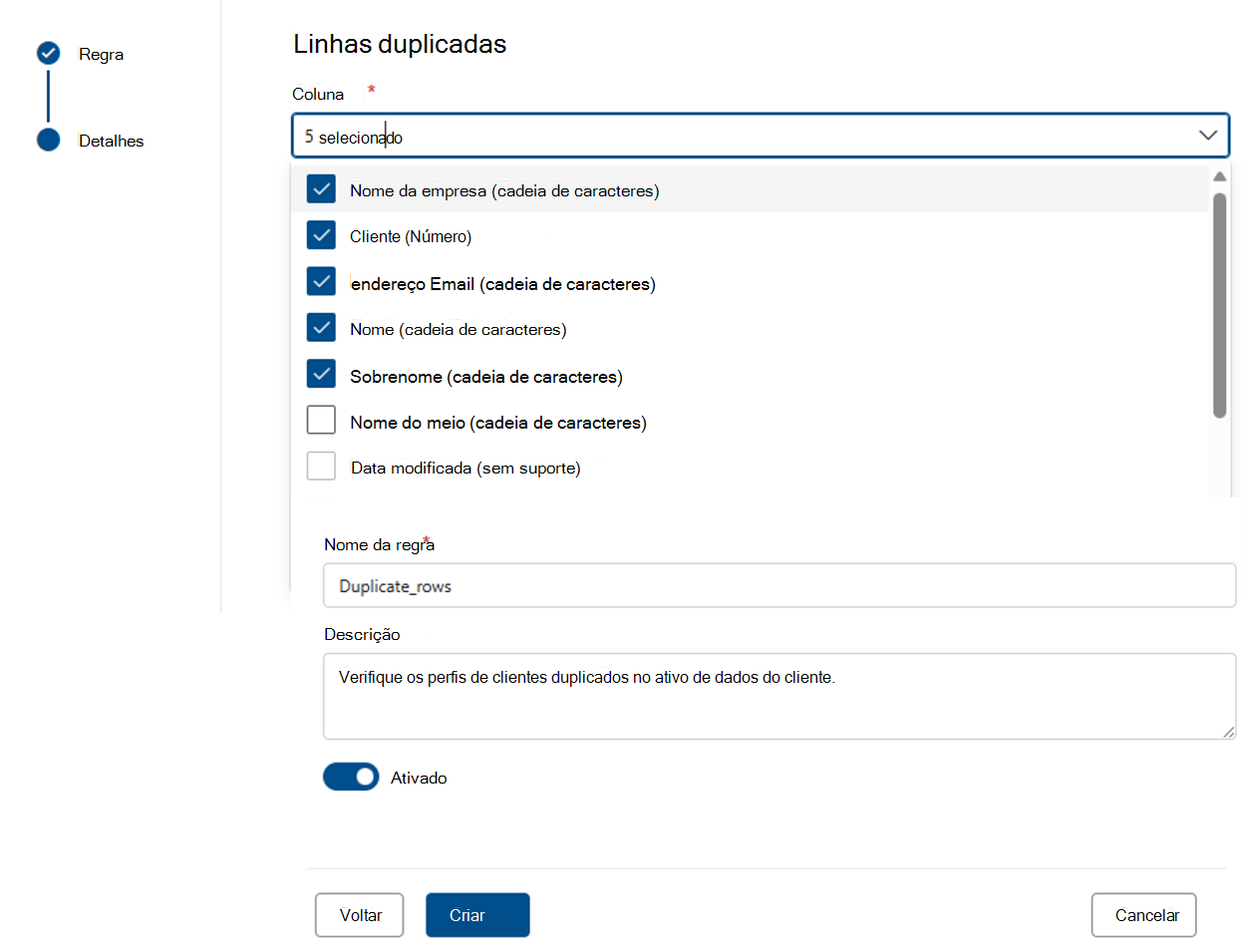 Captura de ecrã do menu para criar uma regra de linhas duplicadas.