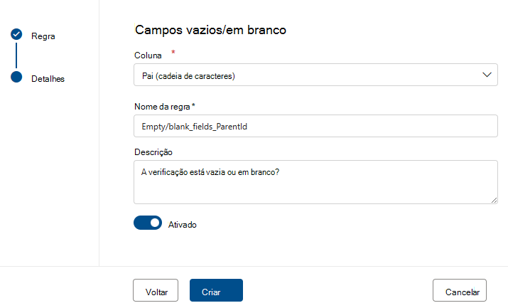 Captura de ecrã do menu para criar uma regra de campo vazia ou em branco.