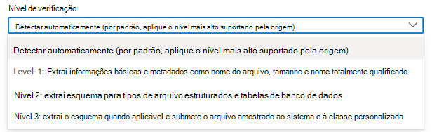 Captura de ecrã a mostrar a lista pendente para selecionar os níveis de análise.