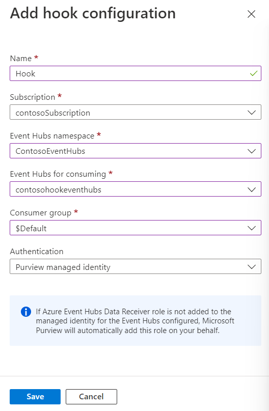 Captura de ecrã a mostrar a página de configuração do hook, com todos os valores preenchidos.