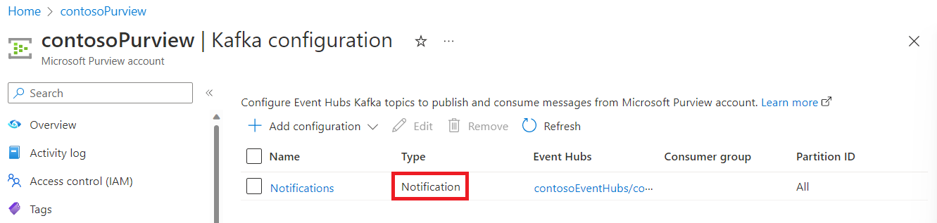 Captura de ecrã a mostrar a opção de configuração do Kafka com uma configuração de tipo de notificação pronta.